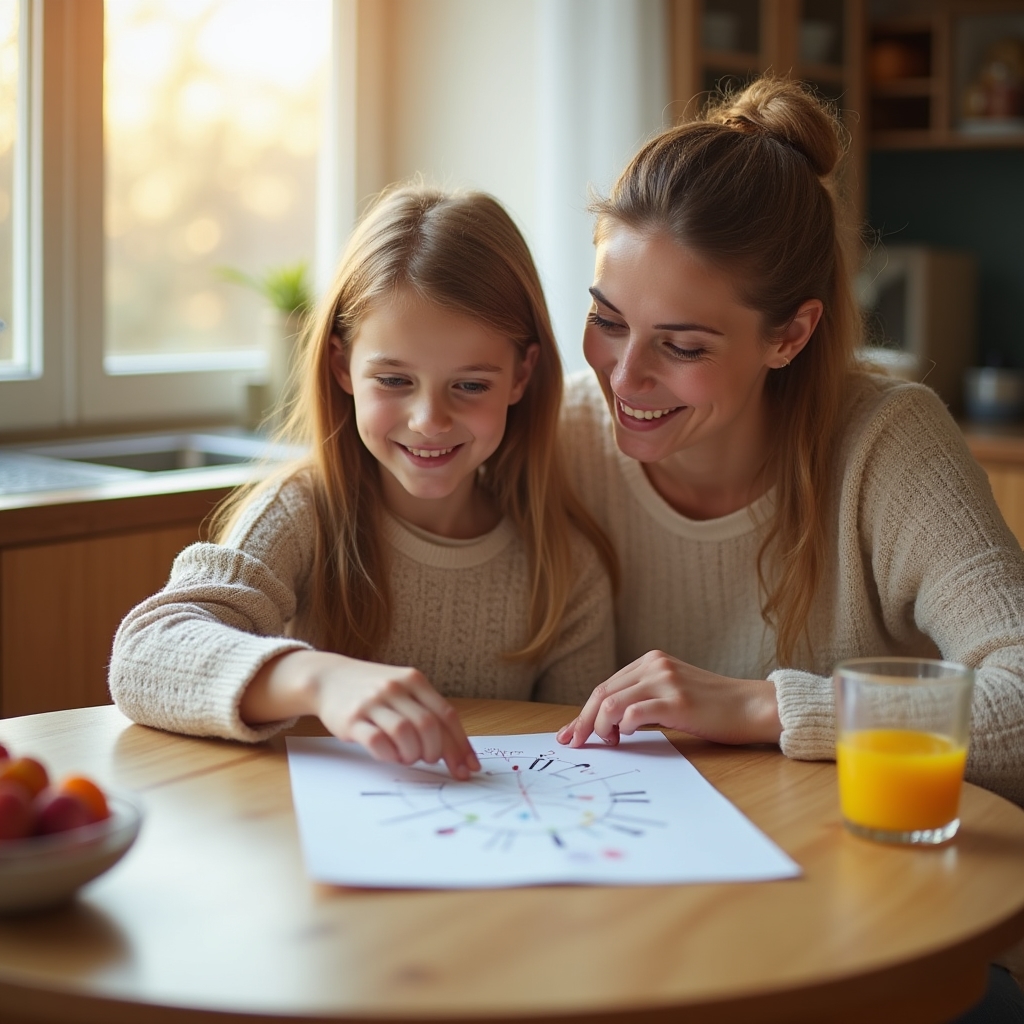 Mutter und Kind sitzen zusammen am Tisch und sprechen über ein Buch – warme, einladende Atmosphäre