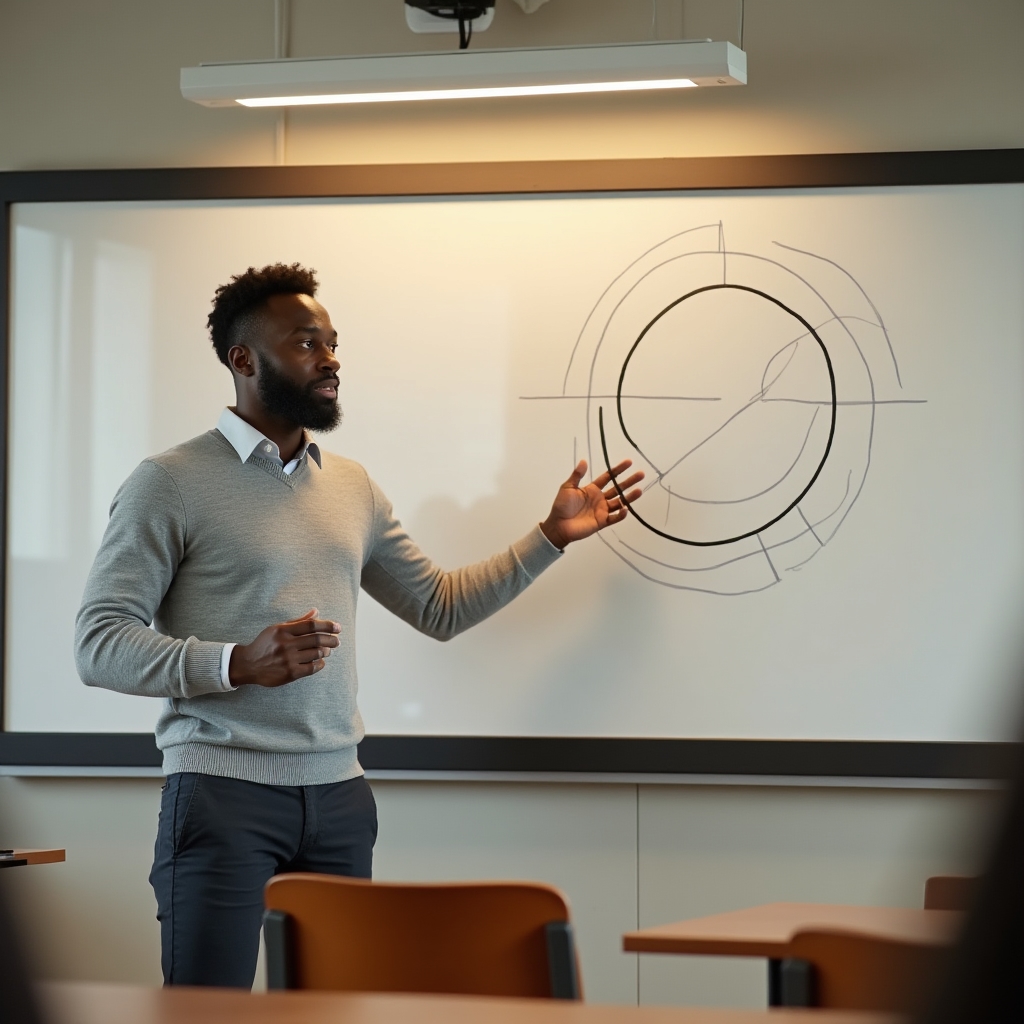 Bildungsexperte des Teams, erklärt etwas an einem Whiteboard in einer Seminarsituation