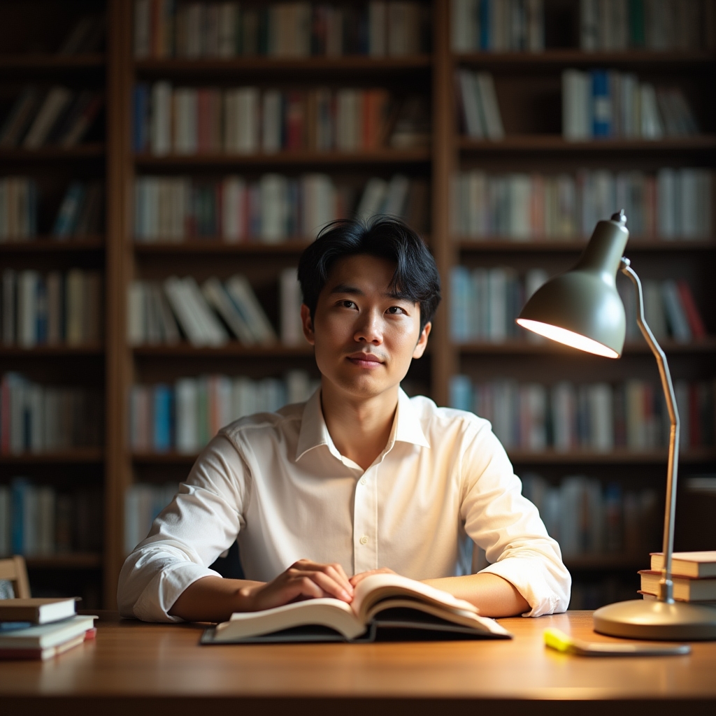 Researcher des Teams, liest ein Fachbuch in einer modernen Bibliotheksumgebung